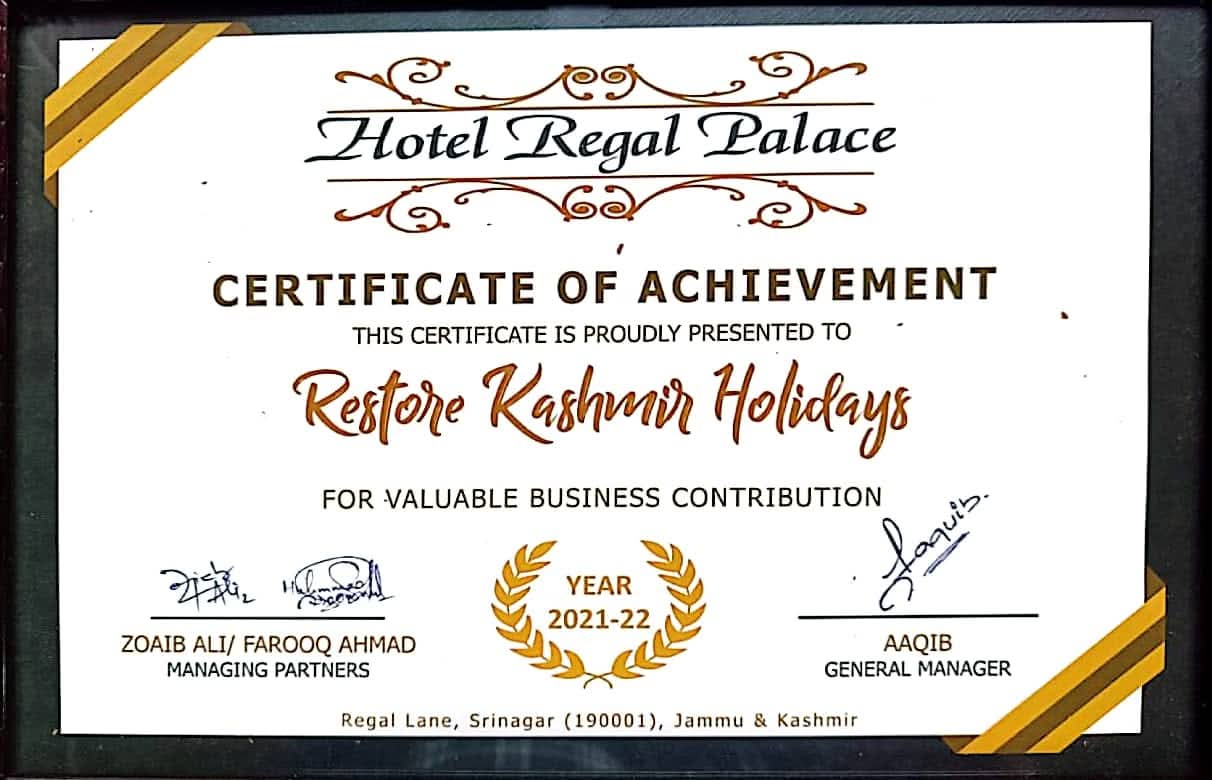 Certificate of achievement — Hotel Regal Palace, Srinagar