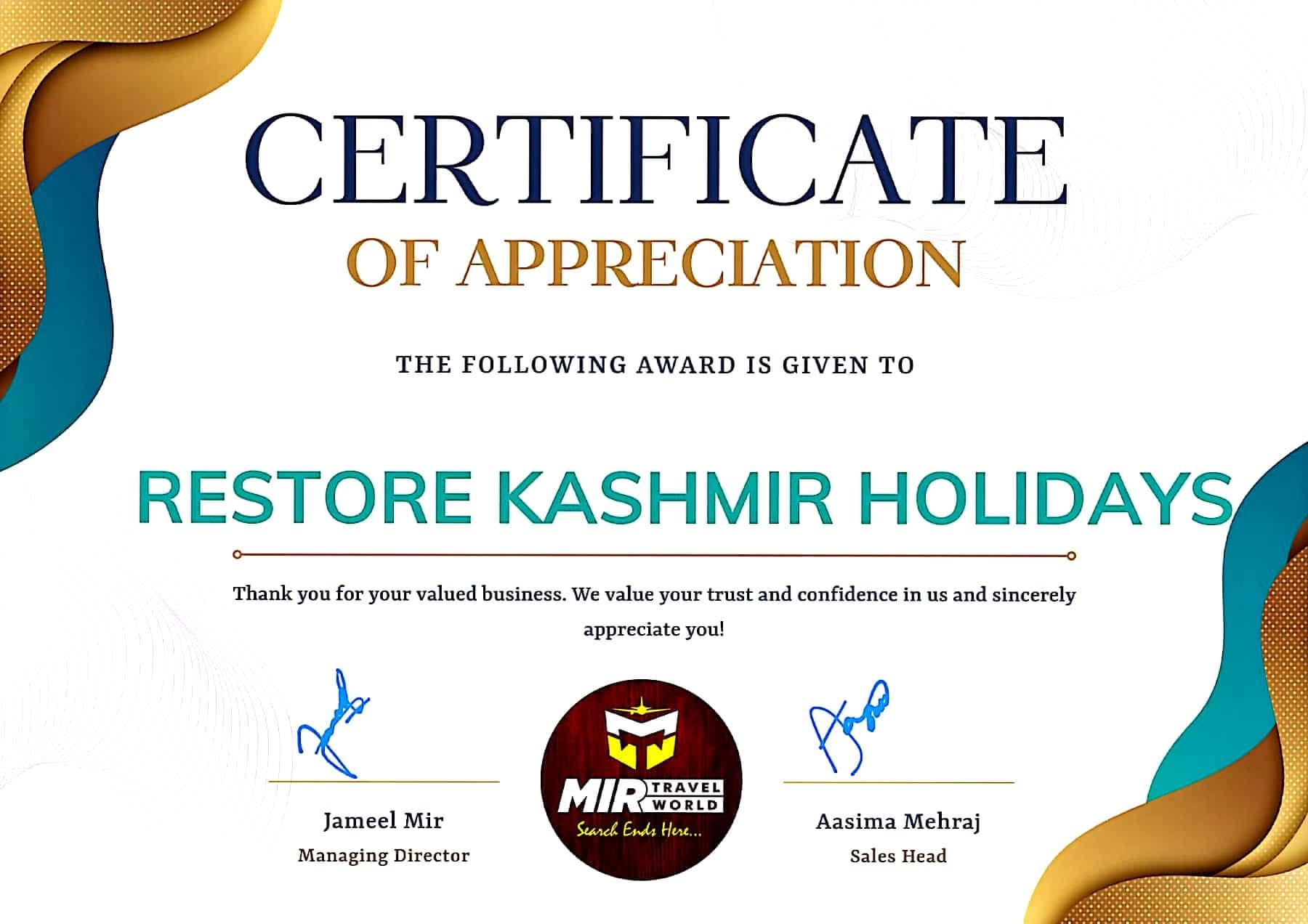 Certificate of appreciation — Mir Travel World